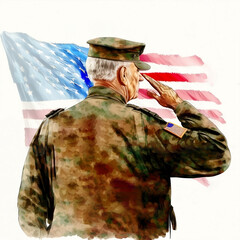 Watercolors of An American veteran salutes the American flag, generative ai