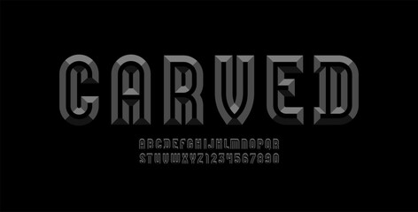 Alphabet from chiseled block, facet dark font, beveled letters and numerals
