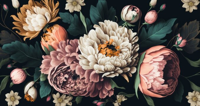 Embrace the Elegance of Baroque Style with Vintage Floral Bouquet on Black Background - Perfect for Wallpaper or Greeting Cards, Generative AI. © ParinApril