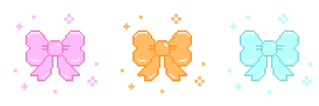 Ribbon in pixel art style, ribbon pixel art icon present bow with sparkle star pixel art