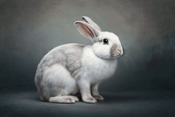  a white rabbit sitting on top of a gray floor next to a black background with a white rabbit on it's back legs and head.  generative ai