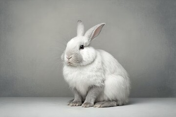  a white rabbit sitting on top of a white table next to a gray wall and a gray background with a white border around the rabbit's head.  generative ai