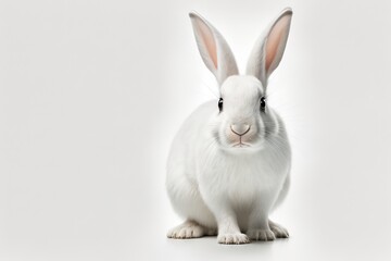  a white rabbit sitting on top of a white floor next to a white wall and a white wall behind it is a white background with a white background.  generative ai