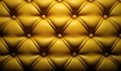  a close up of a yellow leather upholstered chair with rivets on the back of the seat and a buttoned back.  generative ai