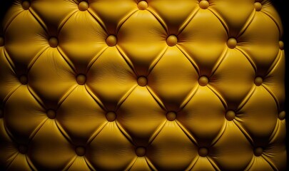  a close up of a yellow leather upholstered chair with rivets on the back of the seat and buttons on the back of the seat.  generative ai