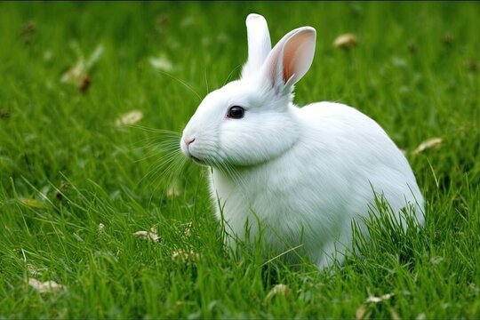  a white rabbit sitting in the grass looking at the camera with a curious look on its face and ears, with a green background of grass and leaves.  generative ai