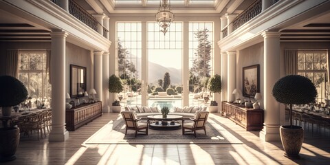 Editorial Magazine Living: Realistic Luxury Interior with Nature Inspired Entrance and Bay Window Views. Generative ai illustration. - obrazy, fototapety, plakaty