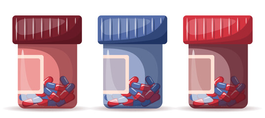 Set of plastic containers with pills. Medicine, pharmacy and healthcare concept. Isolated vector illustration for flyer, poster, banner.