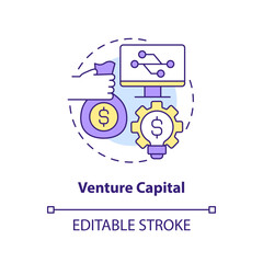 Venture capital concept icon. Money investment. Tech startup financing option abstract idea thin line illustration. Isolated outline drawing. Editable stroke. Arial, Myriad Pro-Bold fonts used