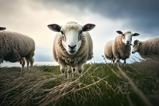 flock of sheep grazes in the pasture. Photo generative AI
