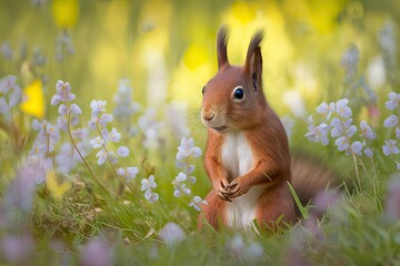 standing Squirrel in flower meadow. Photo generative AI