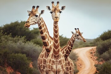 South African Giraffe Family. Photo generative AI