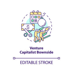 Venture capitalist downside concept icon. Interest growth. IT fundraising tip abstract idea thin line illustration. Isolated outline drawing. Editable stroke. Arial, Myriad Pro-Bold fonts used