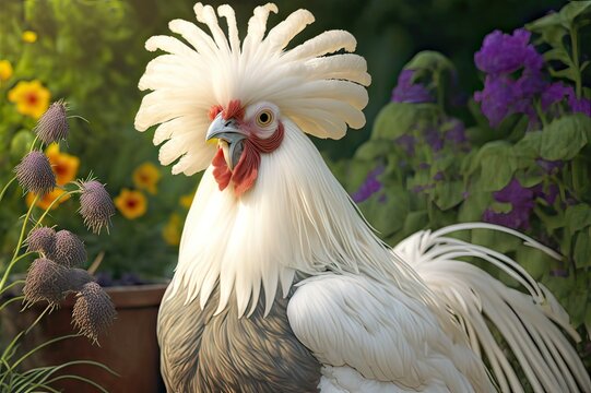 Free-Range Chicken in Flower Garden. Photo generative AI