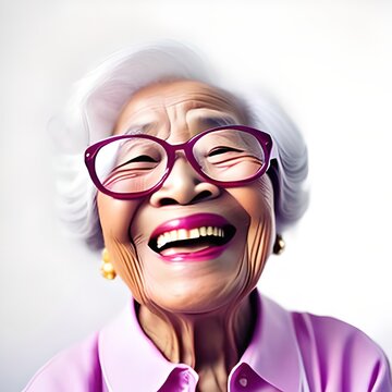 Happy playful old Asian woman having fun. Portrait of a beautiful lady over 70 laughing out loud. Concepts about the elderly. generative AI