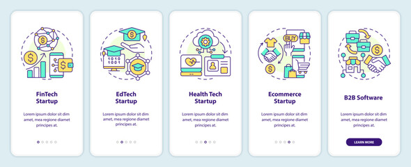 Best startup industries onboarding mobile app screen. IT funding walkthrough 5 steps editable graphic instructions with linear concepts. UI, UX, GUI template. Myriad Pro-Bold, Regular fonts used