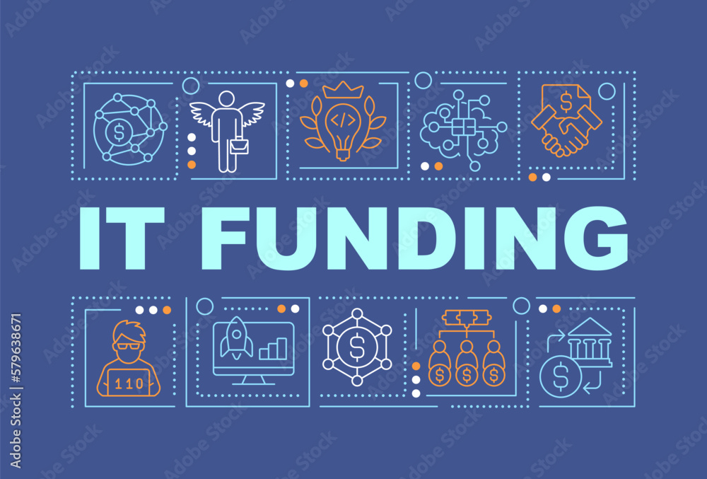 Poster it funding word concepts dark blue banner. tech startups support. infographics with editable icons o