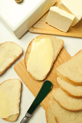 Concept of breakfast, eat food with butter, top view