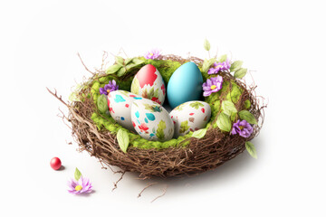 Obraz premium Colorful Easter Eggs in nest on white background. Promotion sale or greeting card with copy space created with AI generative technology.