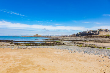 View on FORT NATIONAL, Vast 17th-century granite fortress and Saint Malo city in the background, France