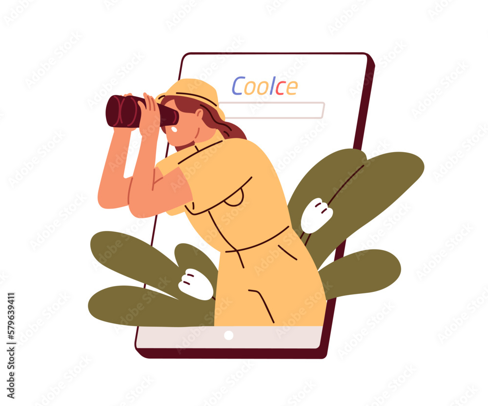 Aufkleber Looking for information via search engine, web browser in mobile phone. Curious person with binoculars surfing internet, using smartphone. Flat vector illustration isolated on white background