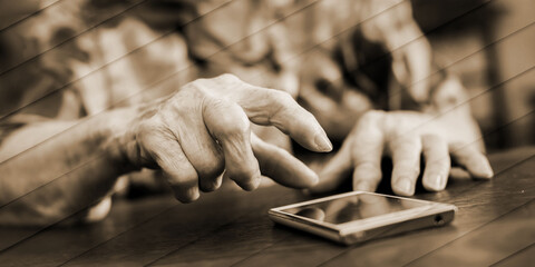 Senior woman using smartphone, geometric pattern