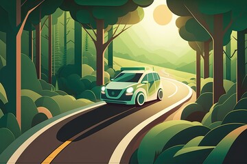  Stylized illustration of a green compact car driving on a winding forest road at sunset. - obrazy, fototapety, plakaty