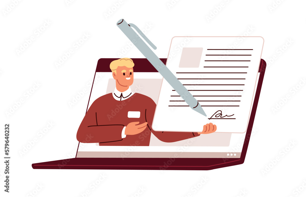 Poster signing digital contract, e-document. signature on electronic business paper online. verifying, cert