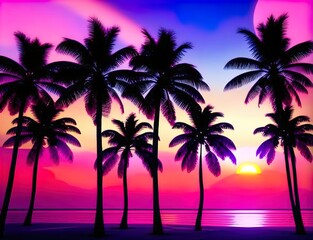 Fototapeta na wymiar Vaporwave summer, Illustration with sun and palm trees, Tropical sunset with trees, Palm trees at sunset, Sunset over the sea, Palm trees on the beach, Generative AI