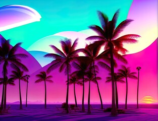Obraz na płótnie Canvas Vaporwave summer, Illustration with sun and palm trees, Tropical sunset with trees, Palm trees at sunset, Sunset over the sea, Palm trees on the beach, Generative AI