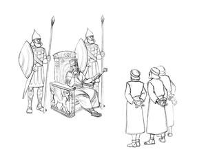 Fototapeta na wymiar Pencil drawing. The king interrogates the prisoners