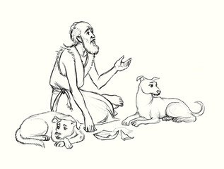 Pencil drawing. A beggar asks for alms