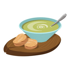 Avocado puree soup on a board with bread. Vector illustration