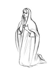 Pencil drawing. Happy praying woman