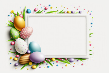 Fototapeta na wymiar Easter colourful frame with Easter eggs and spring flowers on white background. Easter greeting card with copy space. AI generative.