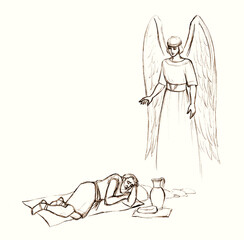 An angel appeared to the prophet Elijah. Pencil drawing