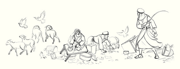 Jesus drives the sellers out of the temple. Pencil drawing