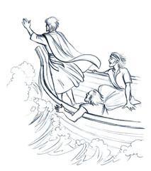 Jesus calms the storm. Pencil drawing