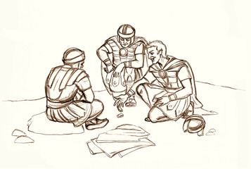 Soldiers at the foot of Christ share His clothes. Pencil drawing