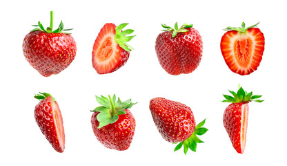 Strawberry cut out. Ripe fresh red strawberry isolated on white background. With clipping path. Summer delicious sweet berry organic fruit, food, diet, vitamins, creative layout. Mockup