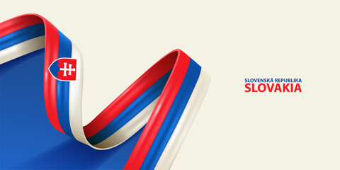 Slovakia ribbon flag. Bent waving ribbon in colors of the Slovakia national flag. National flag background.
