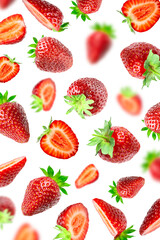 Strawberry cut out pattern. Ripe fresh flying red strawberry isolated on white background. With clipping path. Summer delicious sweet berry organic fruit, food, diet, vitamins, creative layout