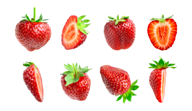 Strawberry cut out. Ripe fresh red strawberry isolated on white background. With clipping path. Summer delicious sweet berry organic fruit, food, diet, vitamins, creative layout. Mockup