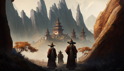 The Three Sages at a Chinese Temple in the Mountains - obrazy, fototapety, plakaty