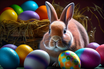 Cute fluffy Easter bunny rabbit with colorful painted eggs in a basket. Easter holiday concept. Generative AI content.