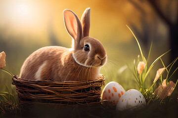 Sweet little Easter bunny rabbit in a basket with painted eggs in the sunny field. Generative AI.