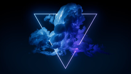 Futuristic Background Design. Cloud Formation with Blue and Purple, Triangle shaped Neon Frame.