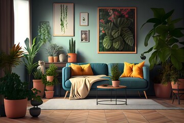 Interior of living room with sofa and potted plants. Generative AI