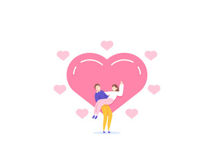 A couple that is celebrating the anniversary. a boyfriend is holding his girlfriend and celebrating Valentine's Day. happy valentine's day. romantic. illustration concept design. vector elements