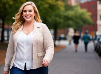 Confident overweight woman walking the city street. Generative AI - obrazy, fototapety, plakaty